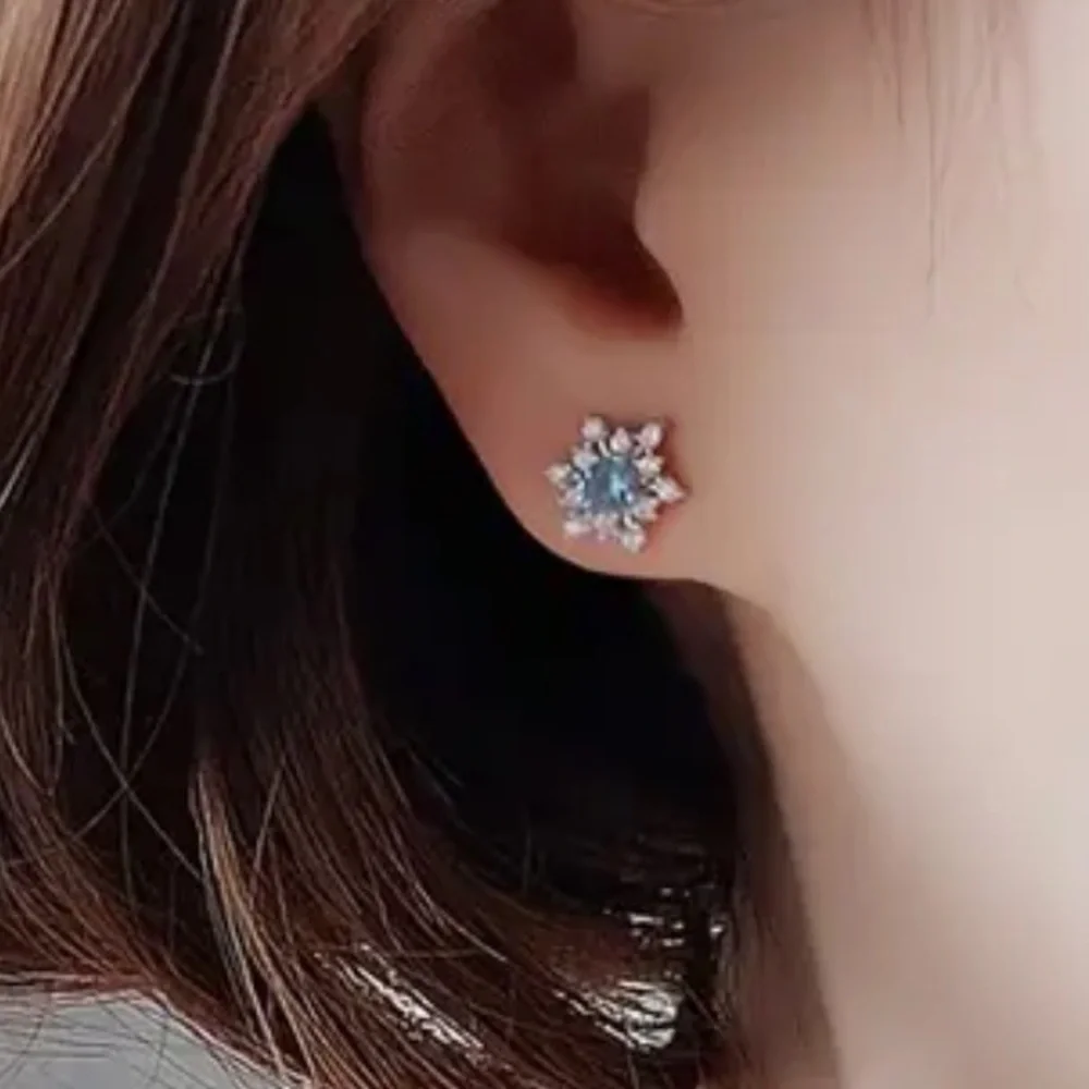 Diamond & Bright Blue Aquamarine Starburst Silver Toned Stud Earrings - Picture 2 of 7